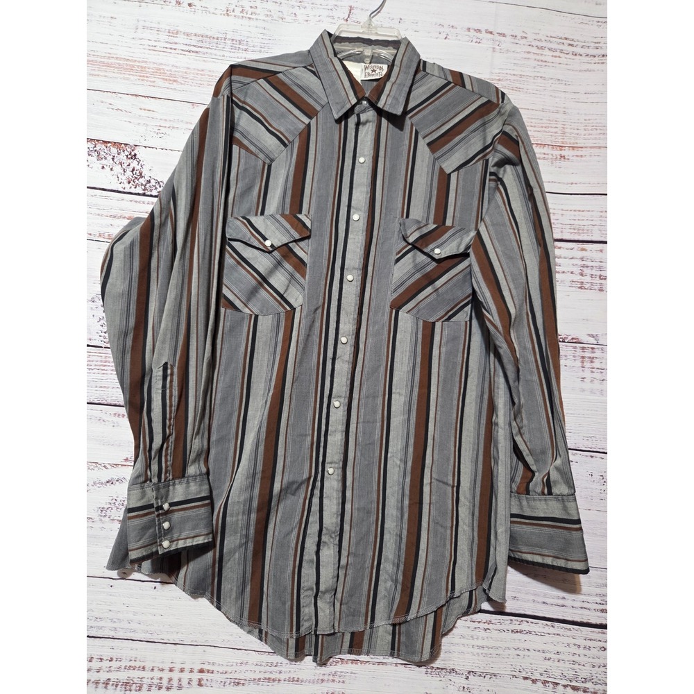Western Frontier Mens Large Pearl Snap Shirt Grey Brown Striped Long Sleeve Yoke